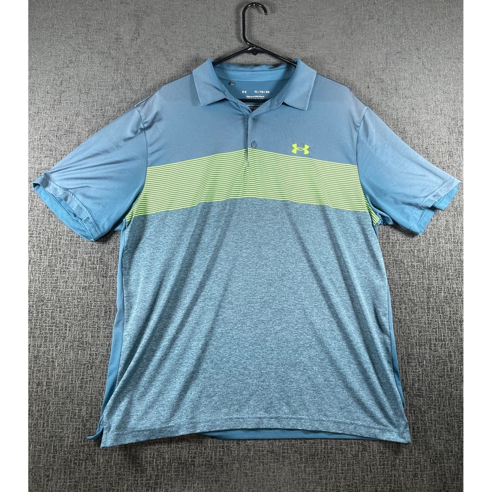 Under Armour Mens Playoff Polo Shirt XL Blue Grey Lime Green Striped Golf Loose